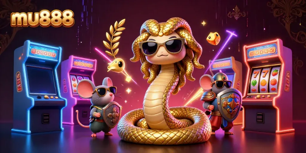 Engage with mu888's vibrant 3D casino scene featuring Medusa, arcade games, and slot reels.