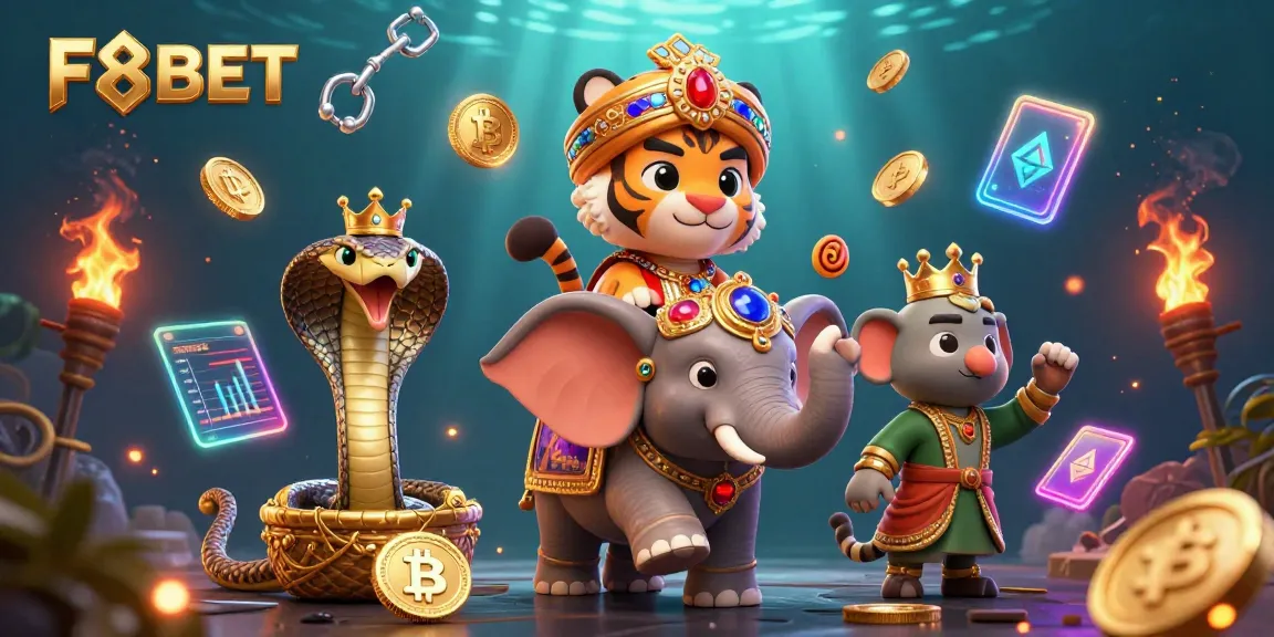 Engage with F8BET's vibrant 3D scene showcasing crypto excitement and thrilling casino elements.