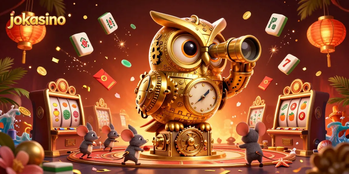 Engage with jokacasino's vibrant gaming scene featuring a golden owl and animated mice.