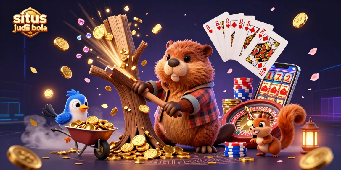 Engaging illustration showcasing a beaver in a plaid shirt, representing situs judi bola as coins rain from a tree.
