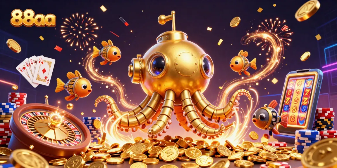 Engage with the thrill of 88aa as the golden kraken submarine emerges from a sea of coins.