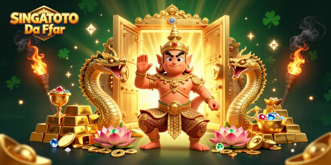 Gambar SINGATOTO Daftar menampilkan karakter penjaga kuil dan naga berkilau dalam suasana kasino penuh harta.