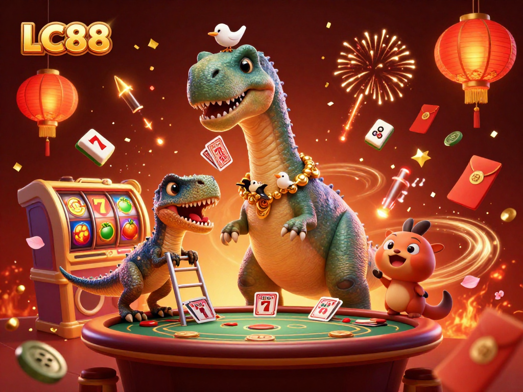 Play exciting slots and poker games with LC88 in this vibrant 3D casino illustration.
