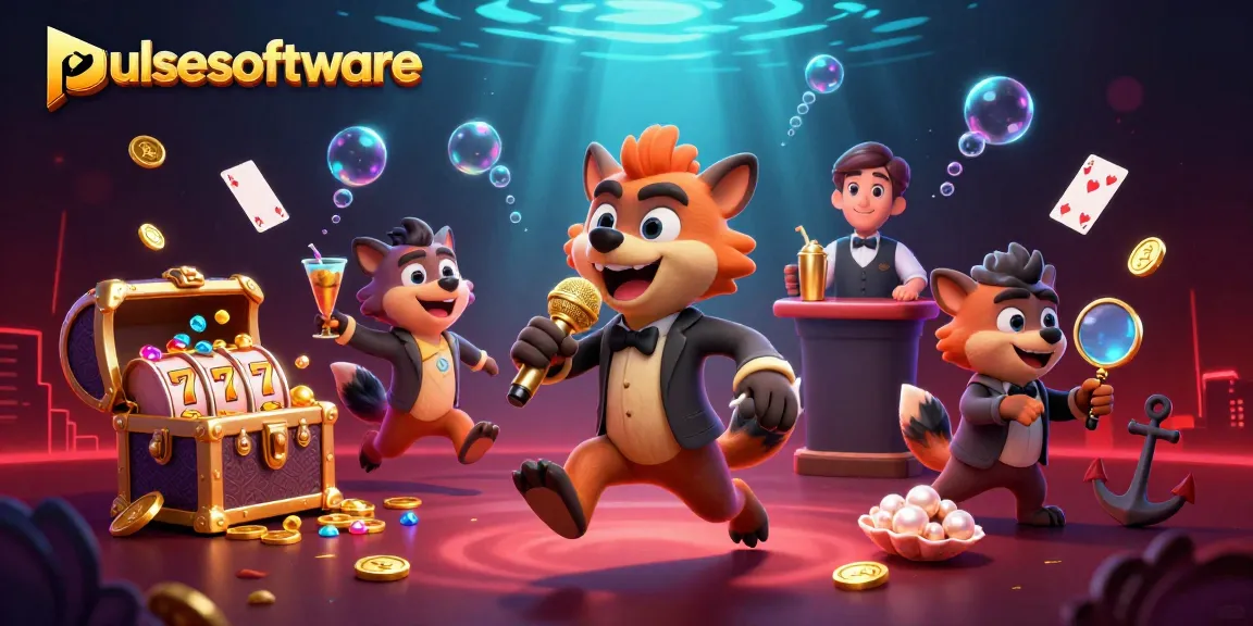 Experience pulsesoftware's lively casino scene with hyenas as bartenders, comedians, and bouncers amidst vibrant slot game elements.