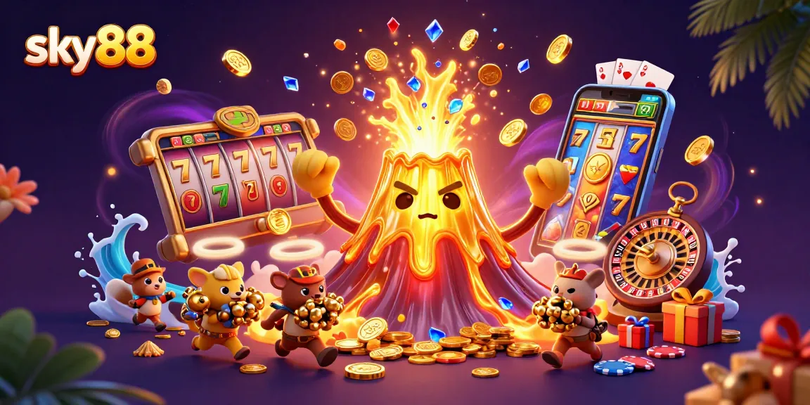 Experience excitement at sky88 with radiant coins and vibrant slot games in a dynamic casino scene.