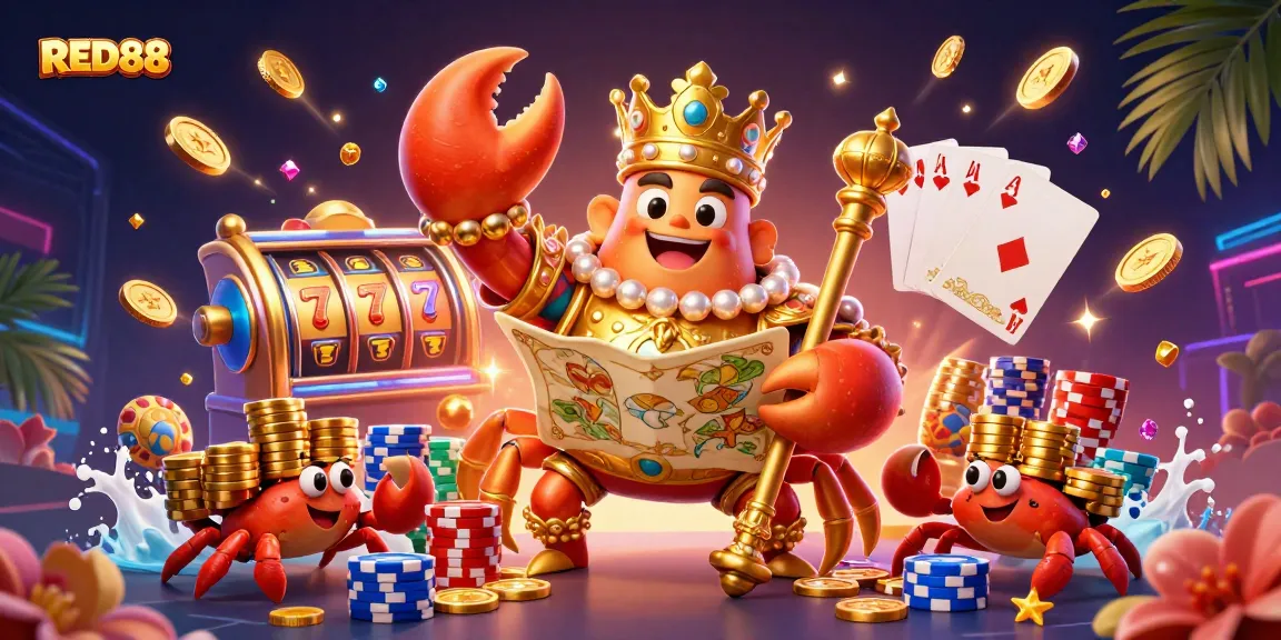 Engage with RED88 through vibrant 3D illustration of a golden crab emperor amidst thrilling casino elements.