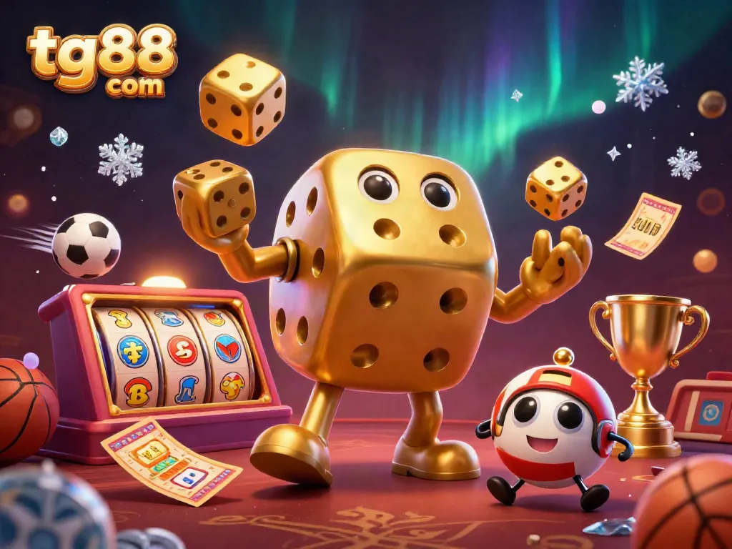 Experience high-stakes action with tg88 com's colorful 3D gaming scene, featuring vibrant dice and slot elements.
