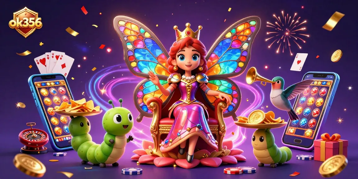 Engage with the vibrant carnival of luck in ok356 featuring an exuberant butterfly queen amidst casino games.