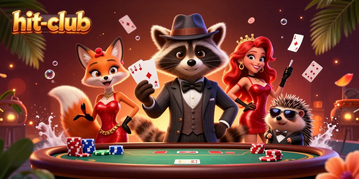 Engage with hit-club's vibrant poker scene featuring a suave raccoon and friends at a dynamic table.