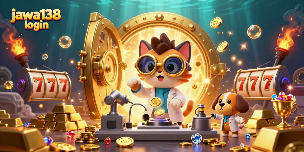 Permainan dengan tema jawa138 login menampilkan kucing ilmuwan kartun yang sedang menciptakan mesin koin emas.