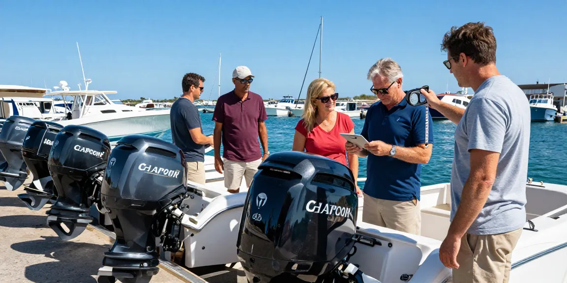 Used outboard engine USA showcased at a busy marina, highlighting diverse customers engaging in engine comparisons.