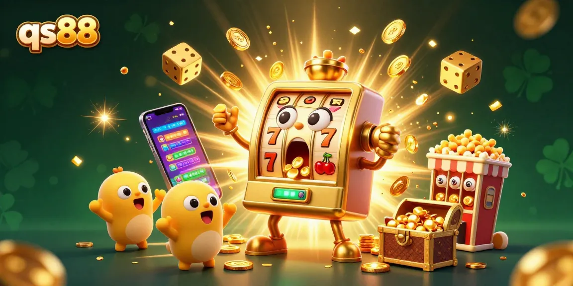 qs88 showcases an exciting jackpot scene with animated slot machines celebrating wins and pouring coins.