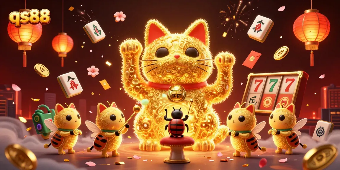 Experience winning with qs88 through this vibrant illustration of a lucky cat amid casino elements.