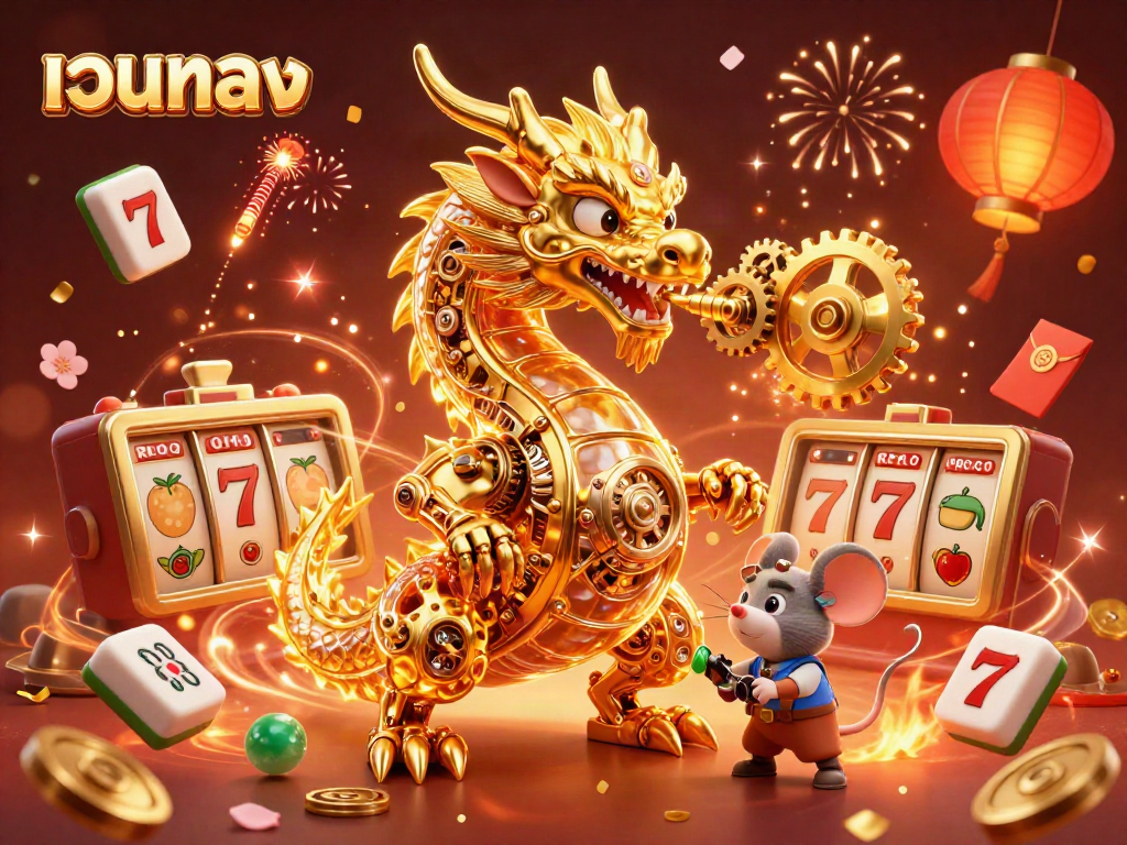 Play slots with เว็บตรง featuring a golden dragon, vibrant symbols, and festive decorations in a rich 3D scene.