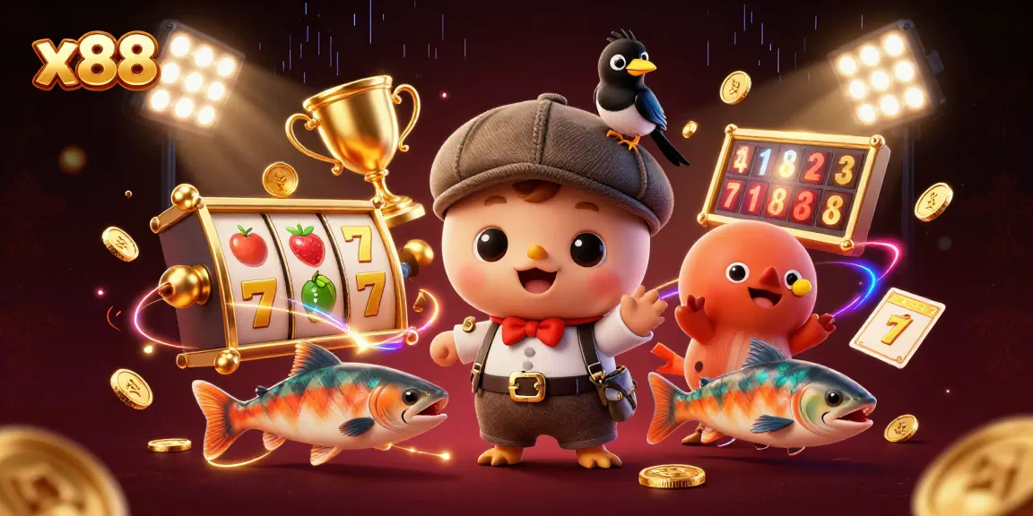 Spin the x88 slots with vibrant characters, featuring Nessie and gold-obsessed magpie in a playful casino scene.