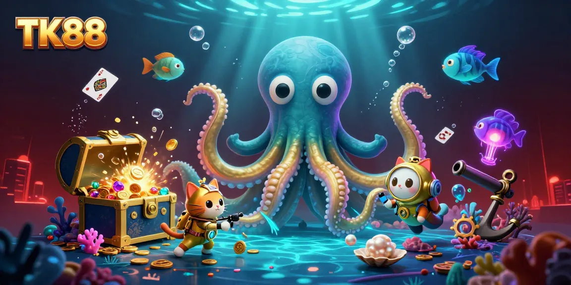 Engage with TK88's colorful casino scene featuring a golden kraken and treasure, enhancing your gaming experience.