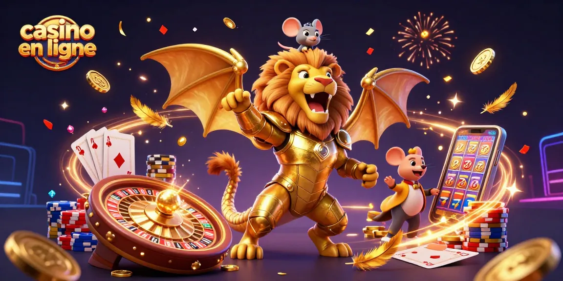 Vivez l'excitation du casino en ligne avec une créature chimère en armure dorée et des jeux scintillants autour.