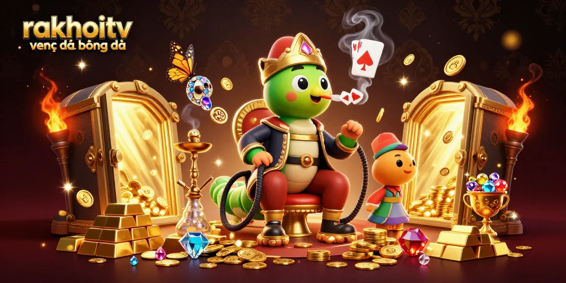 Experience rakhoitv trực tiếp bóng đá with vibrant illustrations of gaming symbols and treasures.