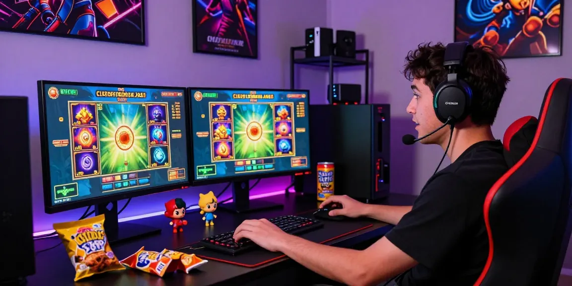 Player immersed in Cleocatra jogar online on dual monitors, vibrant graphics and modern gaming setup