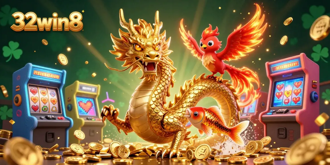 Engage with 32win8's vibrant casino scene featuring a dragon, phoenix, and koi fish.