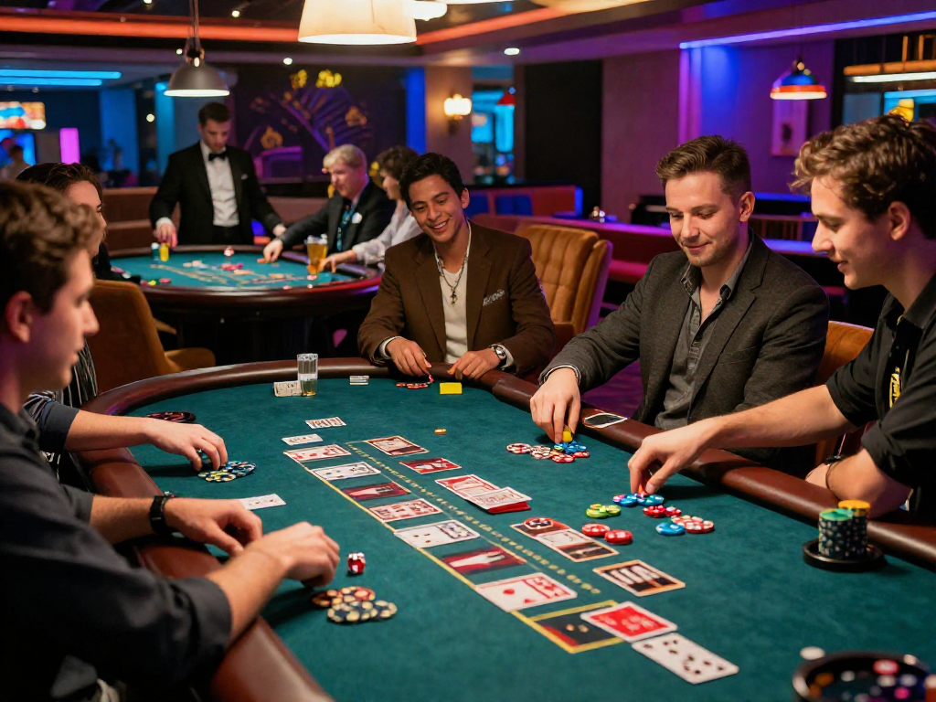 Giocatori al tavolo della roulette in un casinò non AAMS, atmosfera vivace e lussuosa.