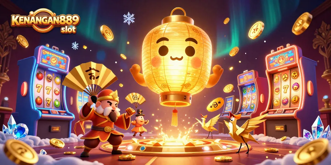 Engage with KENANGAN889 slot in an immersive 3D scene filled with vibrant casino elements and golden lucky symbols.