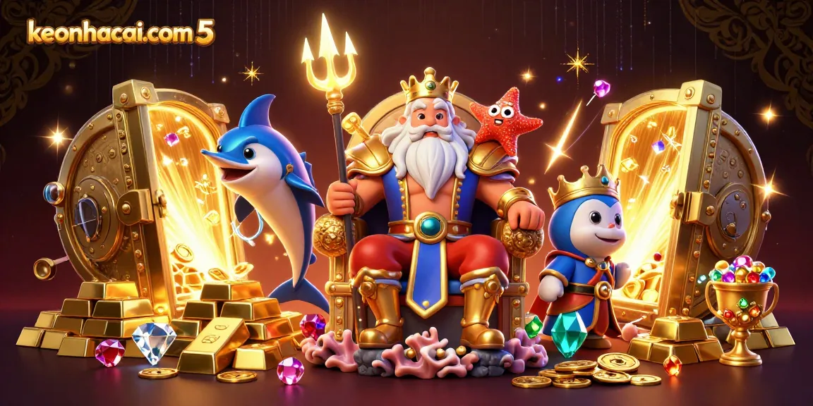 Experience the excitement of betting with keonhacai.com 5 in this vibrant casino illustration filled with treasures.
