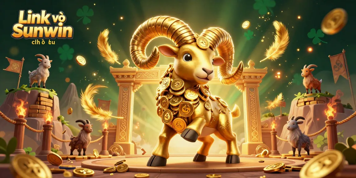 Experience the excitement of Link vào Sunwin chính thức in this dynamic 3D illustration featuring a golden ram and coin-stacked mountains.