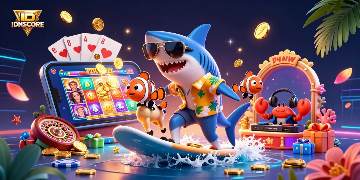 IDNSCORE - Experience thrilling casino fun with vibrant slots, golden waves, and playful characters.