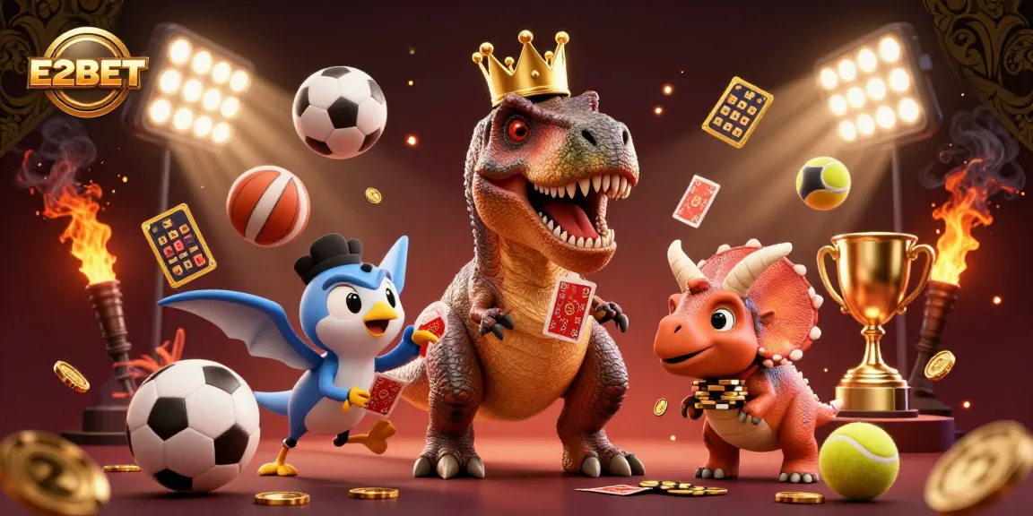 E2BET showcases a vibrant 3D casino scene with a T-Rex, pterodactyl, and triceratops amidst dynamic betting elements.