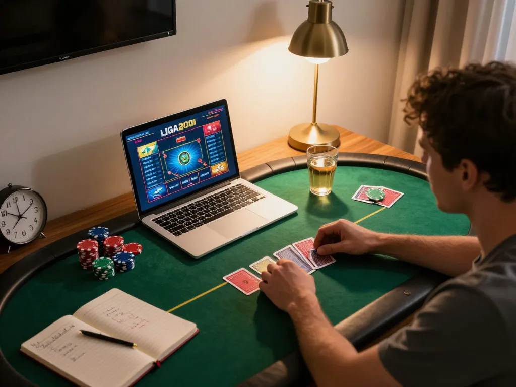 LIGA2000 online betting scene with a person using a laptop and poker setup at home for responsible gaming.