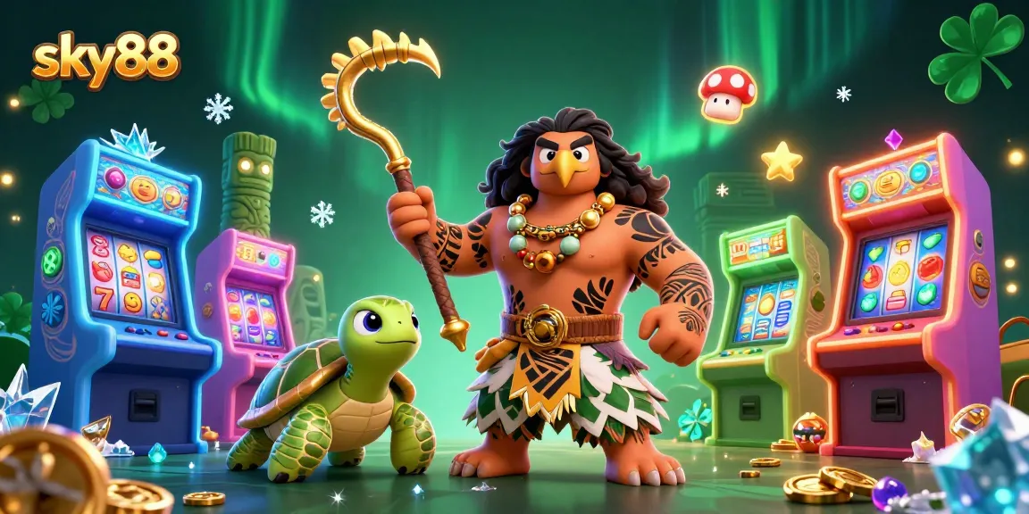 Experience the excitement of sky88 with a vibrant casino scene showcasing a demigod and gaming elements.