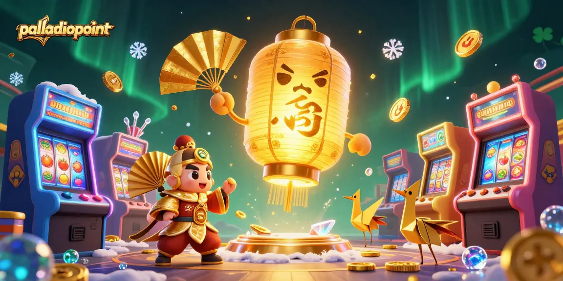 Palladiopoint casino adventure featuring a golden lantern spirit and vibrant arcade machines.