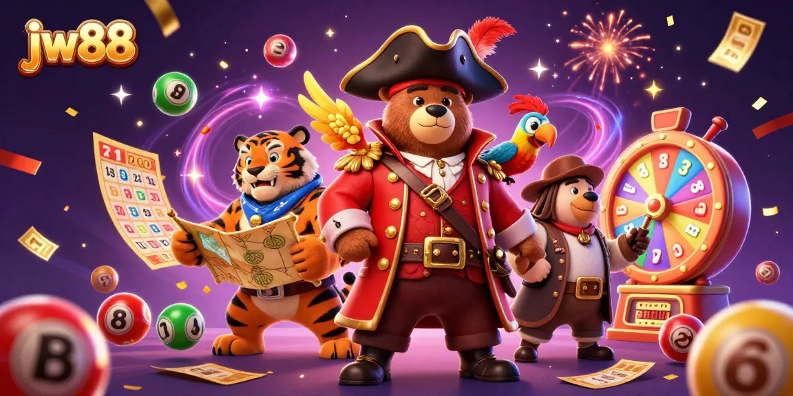 Experience thrilling gaming with jw88 in a vibrant 3D illustration featuring a pirate captain bear and dynamic casino elements.