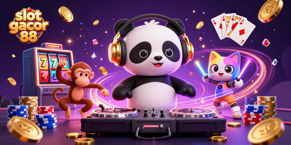 Celebrate with slot gacor 88 as DJ panda spins on roulette wheels with gems and coins in motion.