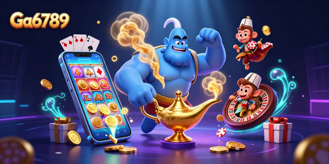 Experience thrilling action at Ga6789, featuring a dynamic scene with poker chips, a genie, and vibrant casino elements.
