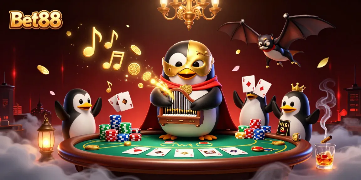 Bet88's vibrant casino scene with a penguin playing an organ while gold coins rain down.