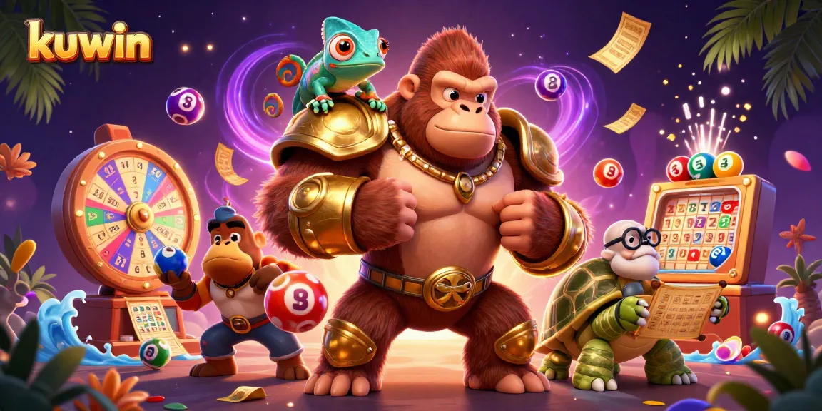 Kuwin’s powerful gorilla king and companions celebrate with colorful lottery balls and vibrant prizes in a casino setting.